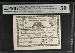 1790 ITALIAN STATES PRIMA REPUBBLICA ROMA 10 PAOLI BANKNOTE PS540d PMG 50 ABOUT UNCIRCULATED - PMG CERTIFIED WORLD BANKNOTES - Cambridgeshire Coins