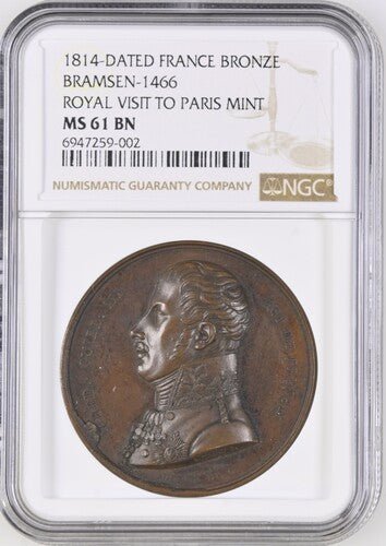 1814 - DATED FRANCE BRAMSEN - 1466 ROYAL VISIT TO PARIS MINT BRONZE MS 61 BN - NGC COPPER COINS - Cambridgeshire Coins