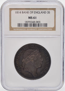 1814 THREE SHILLINGS TOKEN BANK OF ENGLAND (NGC) MS61 - NGC CERTIFIED COINS - Cambridgeshire Coins