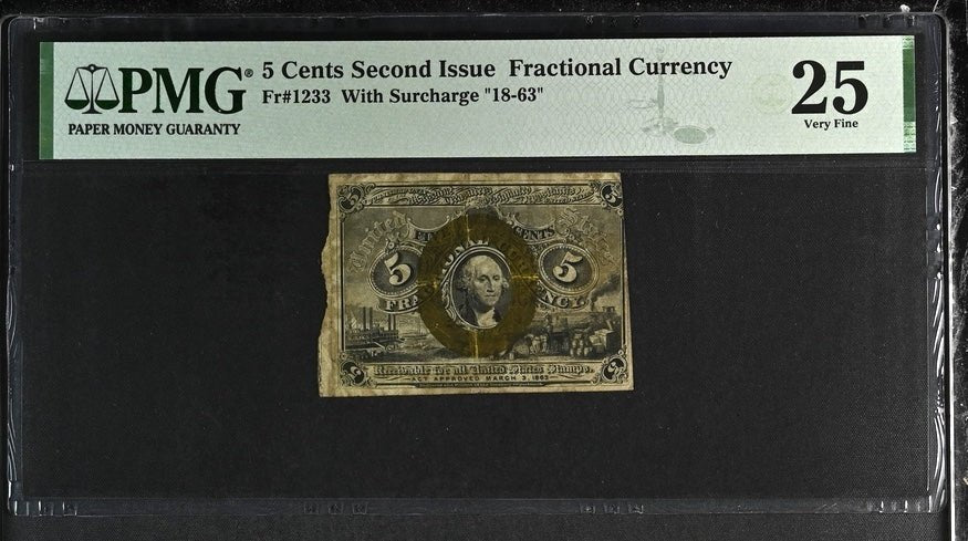 1863 USA 5 CENTS SECOND ISSUE FRACTIONAL CURRENCY #1233 SURCHARGE ( PMG ) VF 25 - PMG WORLD BANKNOTES - Cambridgeshire Coins