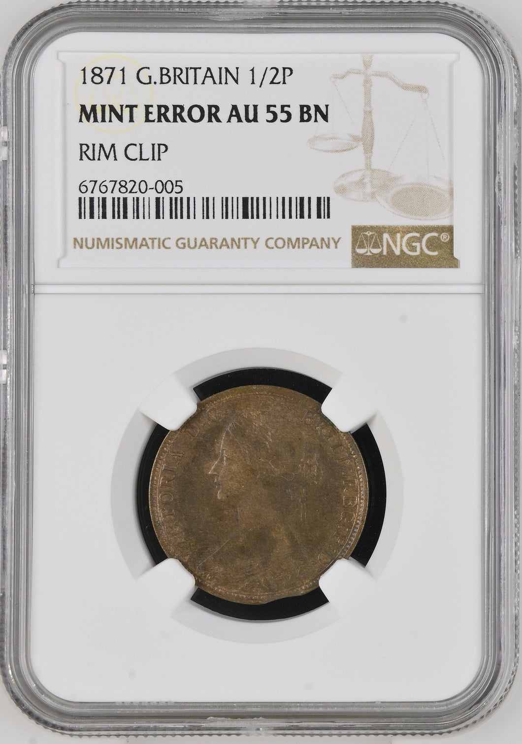 1871 HALFPENNY ( NGC ) MINT ERROR AU 55 BN - NGC CERTIFIED COINS - Cambridgeshire Coins