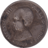 1889 SILVER FIVE PESETAS SPAIN - SILVER WORLD COINS - Cambridgeshire Coins