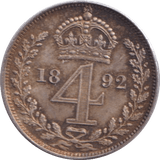 1892 FOURPENCE ( EF ) - FOURPENCE - Cambridgeshire Coins