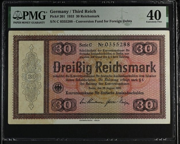 1933 GERMANY THIRD REICH 30 REICHSMARK CONVERSION FUND FOR, FOREIGN DEBTS GER201 C 0355288 ( PMG ) XF 40 - PMG WORLD BANKNOTES - Cambridgeshire Coins