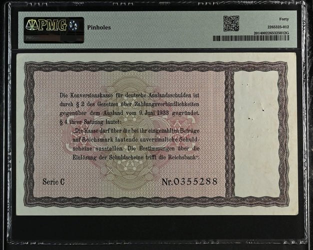 1933 GERMANY THIRD REICH 30 REICHSMARK CONVERSION FUND FOR, FOREIGN DEBTS GER201 C 0355288 ( PMG ) XF 40 - PMG WORLD BANKNOTES - Cambridgeshire Coins