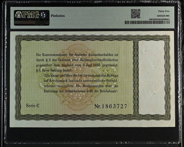 1933 GERMANY THIRD REICH 5 REICHSMARK CONVERSION FUND FOR, FOREIGN DEBTS GER199 C 1863727 ( PMG ) VF 35 - PMG WORLD BANKNOTES - Cambridgeshire Coins