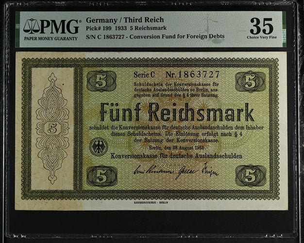 1933 GERMANY THIRD REICH 5 REICHSMARK CONVERSION FUND FOR, FOREIGN DEBTS GER199 C 1863727 ( PMG ) VF 35 - PMG WORLD BANKNOTES - Cambridgeshire Coins