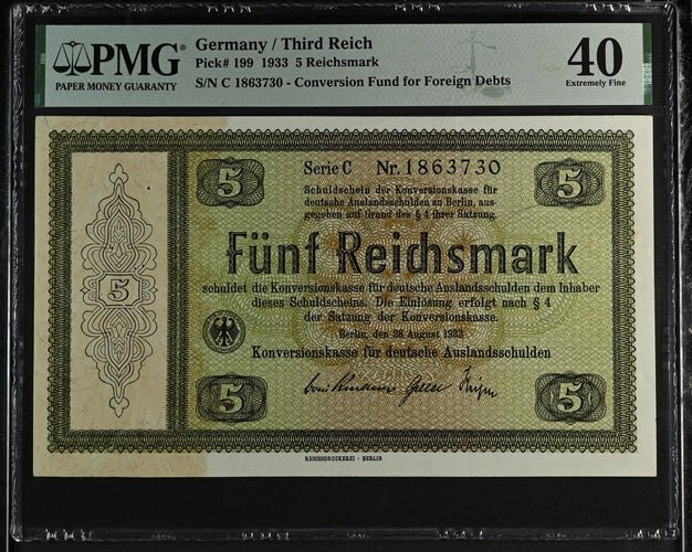 1933 GERMANY THIRD REICH 5 REICHSMARK CONVERSION FUND FOR, FOREIGN DEBTS GER199 C 1863730 ( PMG ) XF 40 - PMG WORLD BANKNOTES - Cambridgeshire Coins