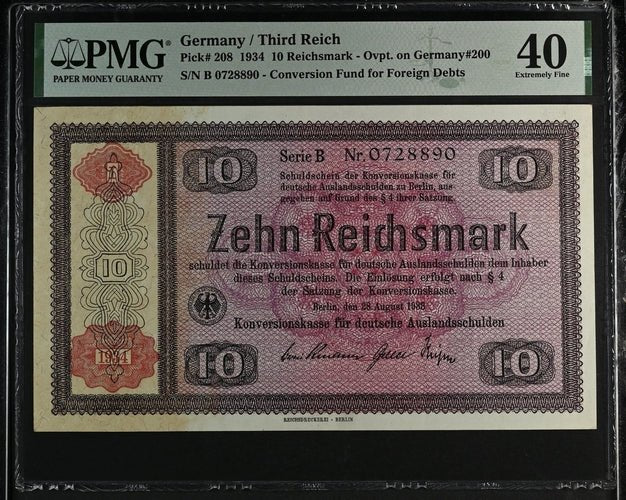 1934 GERMANY 10 REICHSMARK CONVERSION FUND FOR, FOREIGN DEBTS GER208 B 0728890 ( PMG ) XF 40 - PMG WORLD BANKNOTES - Cambridgeshire Coins