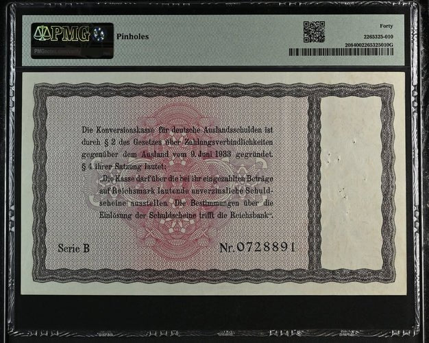 1934 GERMANY 10 REICHSMARK CONVERSION FUND FOR, FOREIGN DEBTS GER208 B 0728891 ( PMG ) XF 40 - PMG WORLD BANKNOTES - Cambridgeshire Coins