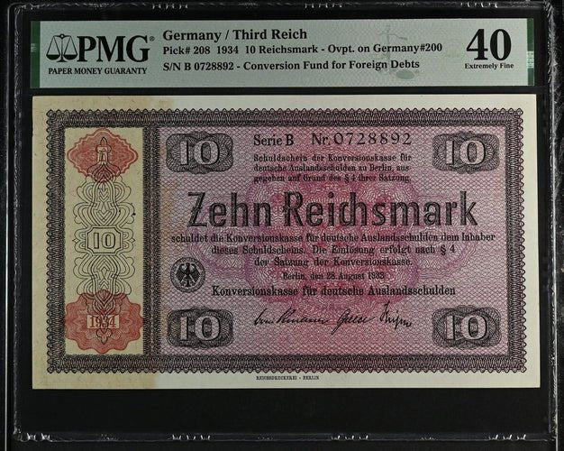 1934 GERMANY 10 REICHSMARK CONVERSION FUND FOR, FOREIGN DEBTS GER208 B 0728892 ( PMG ) XF 40 - PMG WORLD BANKNOTES - Cambridgeshire Coins