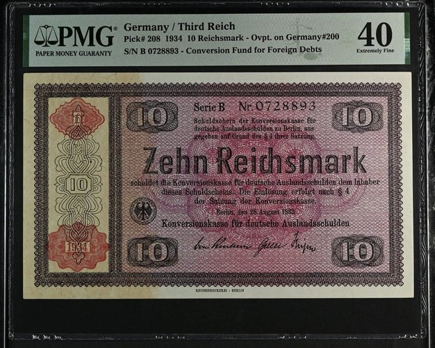 1934 GERMANY 10 REICHSMARK CONVERSION FUND FOR, FOREIGN DEBTS GER208 B 0728893 ( PMG ) XF 40 - PMG WORLD BANKNOTES - Cambridgeshire Coins