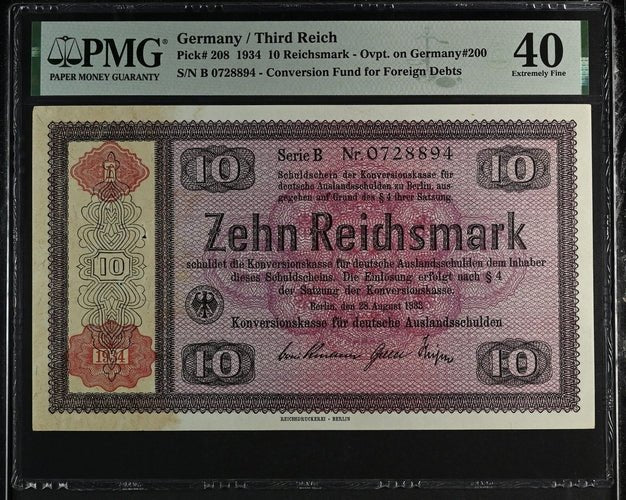 1934 GERMANY 10 REICHSMARK CONVERSION FUND FOR, FOREIGN DEBTS GER208 B 0728894 ( PMG ) XF 40 - PMG WORLD BANKNOTES - Cambridgeshire Coins