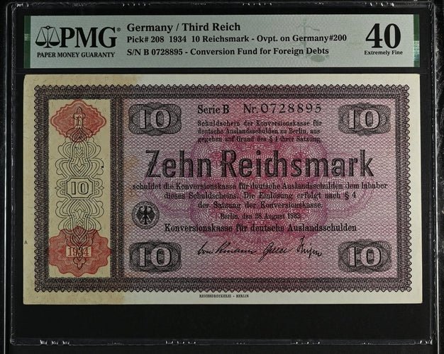 1934 GERMANY 10 REICHSMARK CONVERSION FUND FOR, FOREIGN DEBTS GER208 B 0728895 ( PMG ) XF 40 - PMG WORLD BANKNOTES - Cambridgeshire Coins