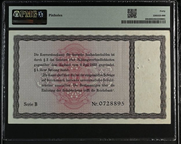 1934 GERMANY 10 REICHSMARK CONVERSION FUND FOR, FOREIGN DEBTS GER208 B 0728895 ( PMG ) XF 40 - PMG WORLD BANKNOTES - Cambridgeshire Coins