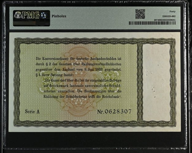 1934 GERMANY THIRD REICH 5 REICHSMARK CONVERSION FUND FOR, FOREIGN DEBTS GER207 A 0628307 ( PMG ) XF 40 - PMG WORLD BANKNOTES - Cambridgeshire Coins