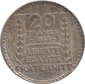 1938 SILVER 20 FRANCS FRANCE 2 - SILVER WORLD COINS - Cambridgeshire Coins