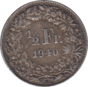 1940 SILVER 1/2 FRANC SWITZERLAND - SILVER WORLD COINS - Cambridgeshire Coins