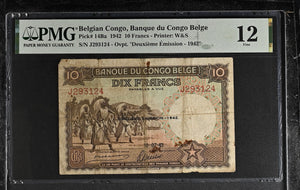 1942 BELGiAN CONGO BANK DU CONGO 10 FRANCS BANKNOTE P14Ba ( PMG ) 12 FINE - PMG CERTIFIED WORLD BANKNOTES - Cambridgeshire Coins