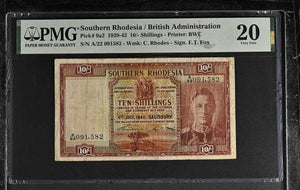 1942 SOUTHERN RHODESIA/BRITISH RHODESIA 10 SHILLINGS BANKNOTE P9A2 PMG 20 VERY FINE - PMG CERTIFIED WORLD BANKNOTES - Cambridgeshire Coins