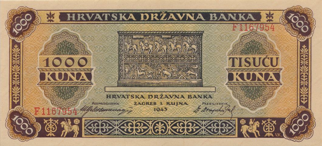 1943 1000 KUNA NAZI STATE BANKNOTE CROATIA REF 714 - World Banknotes - Cambridgeshire Coins