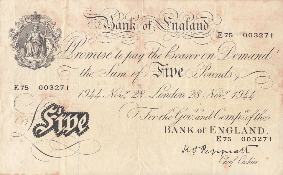 1944 WHITE FIVE POUND NOTE NOVEMBER 28TH BANK OF ENGLAND BEALE W£5 - 18 - £5 BANKNOTES WHITE - Cambridgeshire Coins