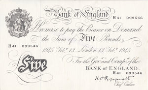 1945 WHITE FIVE POUND NOTE FEBRUARY 13TH LONDON BANK OF ENGLAND PEPPIATT W£5 - 16 - £5 BANKNOTES WHITE - Cambridgeshire Coins