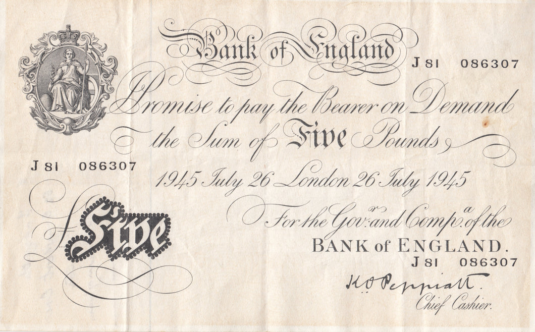 1945 WHITE FIVE POUND NOTE JULY 26TH BANK OF ENGLAND PEPPIATT REF W£5 - 13 - £5 BANKNOTES WHITE - Cambridgeshire Coins