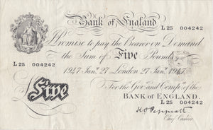 1947 WHITE FIVE POUND NOTE JAN 27TH BANK OF ENGLAND PEPPIATT REF W£5 - 11 - £5 BANKNOTES WHITE - Cambridgeshire Coins