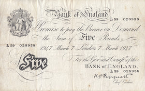 1947 WHITE FIVE POUND NOTE MARCH 7TH LONDON BANK OF ENGLAND W£5 - 15 - £5 BANKNOTES WHITE - Cambridgeshire Coins