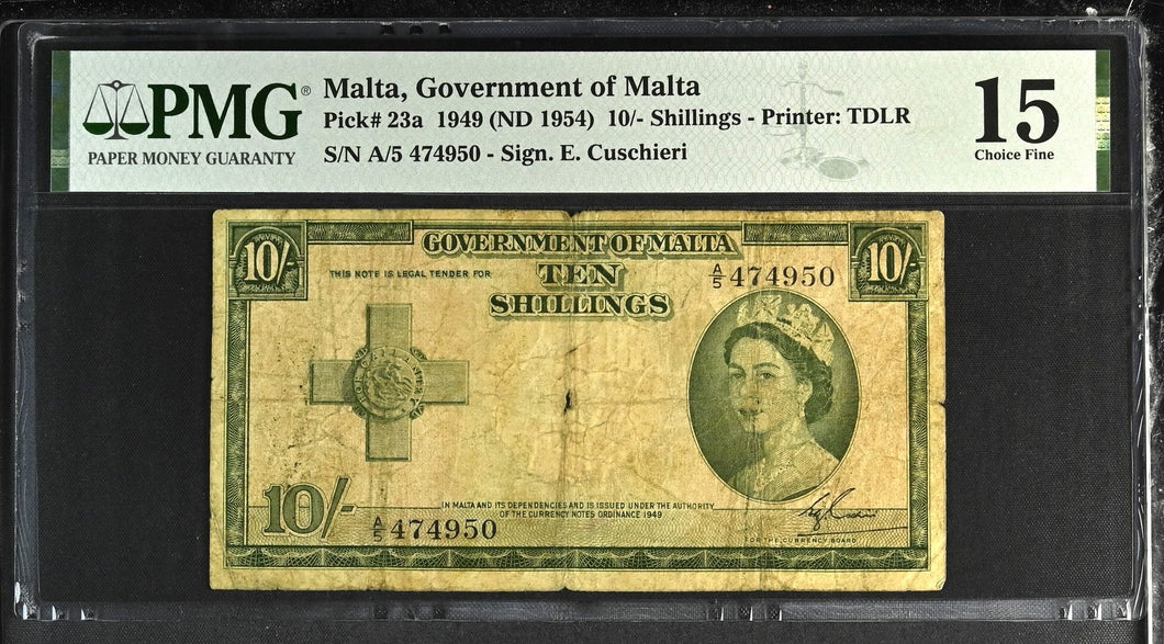 1949 MALTA TEN SHILLINGS GOVERNMENT OF MALTA P23a 15 PMG - PMG CERTIFIED WORLD BANKNOTES - Cambridgeshire Coins