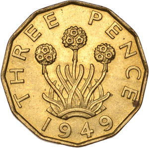 1949 THREEPENCE ( AUNC ) SCARCE BRASS