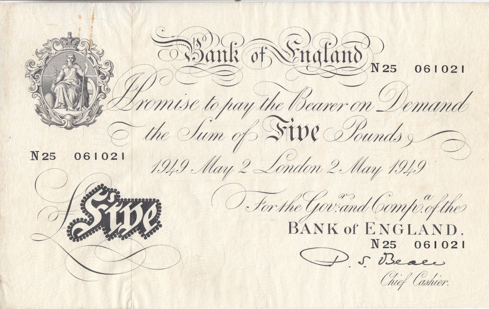 1949 WHITE FIVE POUND NOTE MAY 2ND LONDON BANK OF ENGLAND BEALE W£5 - 21 - £5 BANKNOTES WHITE - Cambridgeshire Coins