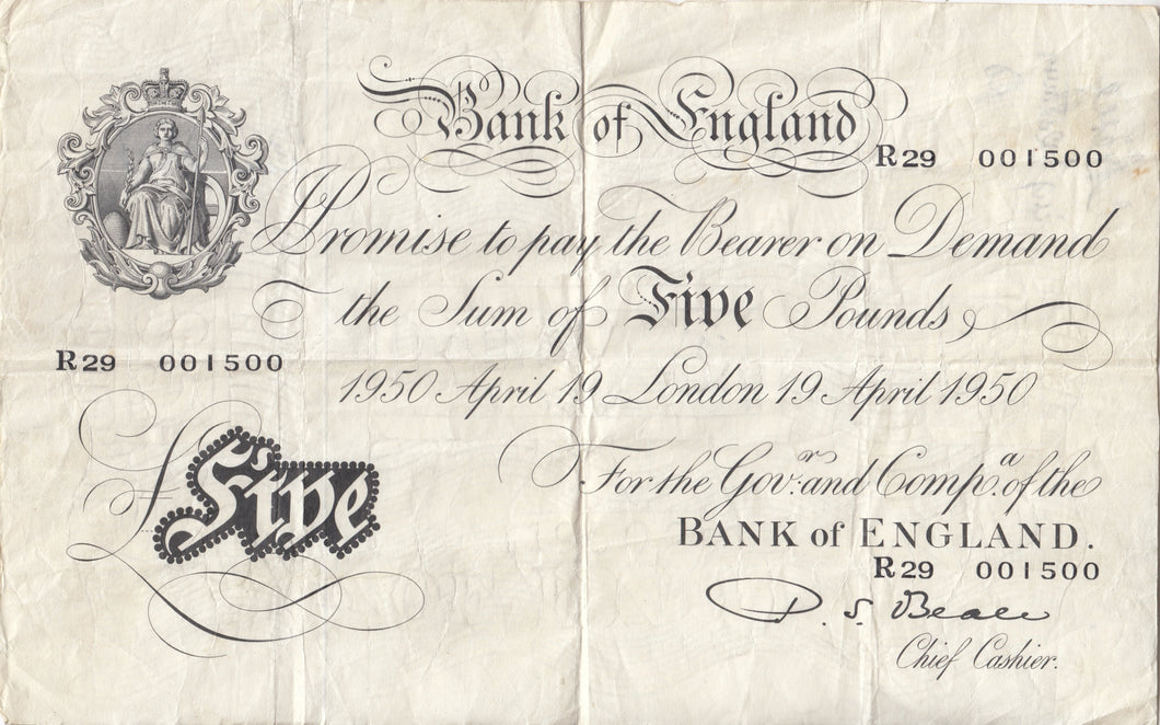 1950 WHITE FIVE POUND NOTE APRIL 19TH BANK OF ENGLAND BEALE W£5 - 17 - £5 BANKNOTES WHITE - Cambridgeshire Coins