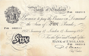 1950 WHITE FIVE POUND NOTE JAN 14TH BANK OF ENGLAND BEALE REF W£5-2 - £5 BANKNOTES WHITE - Cambridgeshire Coins