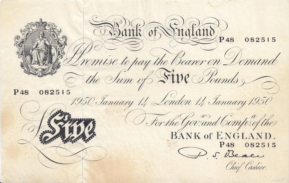 1950 WHITE FIVE POUND NOTE JAN 14TH BANK OF ENGLAND BEALE REF W£5-2 - £5 BANKNOTES WHITE - Cambridgeshire Coins