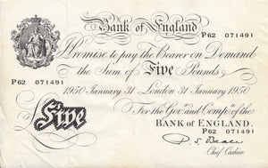 1950 WHITE FIVE POUND NOTE JANUARY 31ST LONDON BANK OF ENGLAND W£5 - 1 - £5 BANKNOTES WHITE - Cambridgeshire Coins