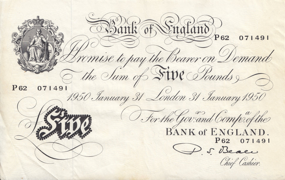 1950 WHITE FIVE POUND NOTE JANUARY 31ST LONDON BANK OF ENGLAND W£5 - 1 - £5 BANKNOTES WHITE - Cambridgeshire Coins