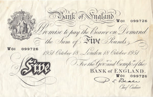 1951 WHITE FIVE POUND NOTE OCTOBER 18TH BANK OF ENGLAND BEALE W£5 - 20 - £5 BANKNOTES WHITE - Cambridgeshire Coins