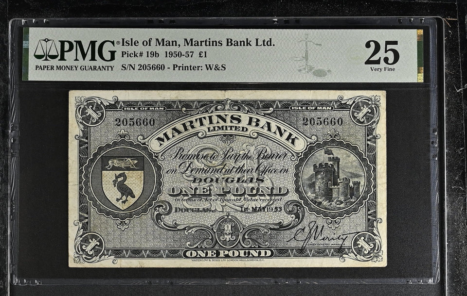 1953 1ST MAY ISLE OF MAN MARTINS BANK BANKNOTE P19B PMG 25 VERY FINE - PMG CERTIFIED WORLD BANKNOTES - Cambridgeshire Coins