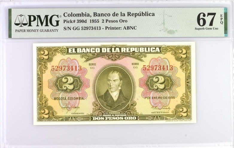 1953 COLOMBIA TWO PESO ORO BANCO DE REPUBLICA P390 PMG 67 EPQ - PMG CERTIFIED WORLD BANKNOTES - Cambridgeshire Coins