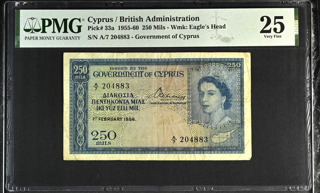 1955 - 60 CYPRUS 250 MILS BRITISH ADMINISTRATION P33a 25 PMG - PMG CERTIFIED WORLD BANKNOTES - Cambridgeshire Coins