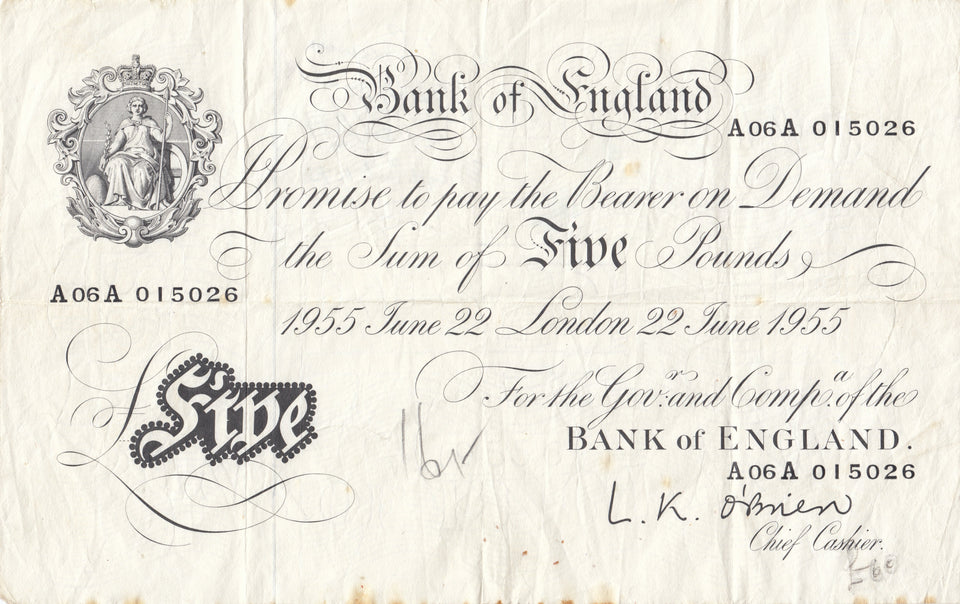 1955 WHITE FIVE POUND NOTE JUNE 22ND BANK OF ENGLAND O'BRIEN REF W£5 - 19 - £5 BANKNOTES WHITE - Cambridgeshire Coins