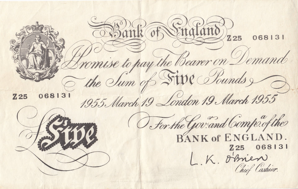 1955 WHITE FIVE POUND NOTE MARCH 19TH BANK OF ENGLAND O'BRIEN REF W£5 - 12 - £5 BANKNOTES WHITE - Cambridgeshire Coins