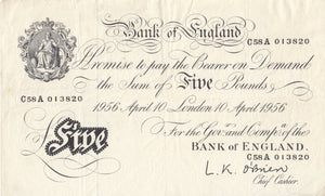 1956 WHITE FIVE POUND NOTE APRIL 10TH BANK OF ENGLAND O'BRIEN REF W£5 - 10 - £5 BANKNOTES WHITE - Cambridgeshire Coins