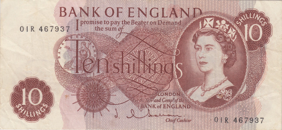 1960'S TEN SHILLINGS BANKNOTE HOLLOM USED - 10 SHILLINGS BANKNOTES - Cambridgeshire Coins