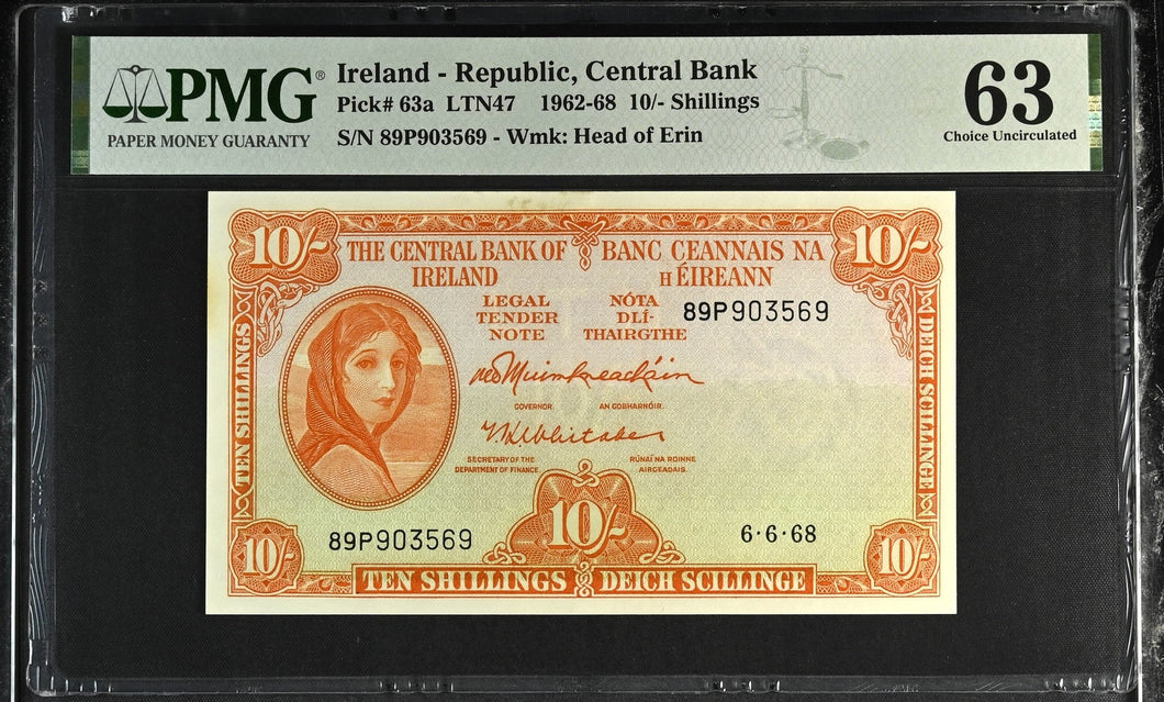 1962 - 68 IRELAND REPUBLIC 10 SHILLINGS CENTRAL BANK P63a 63 PMG - PMG CERTIFIED WORLD BANKNOTES - Cambridgeshire Coins