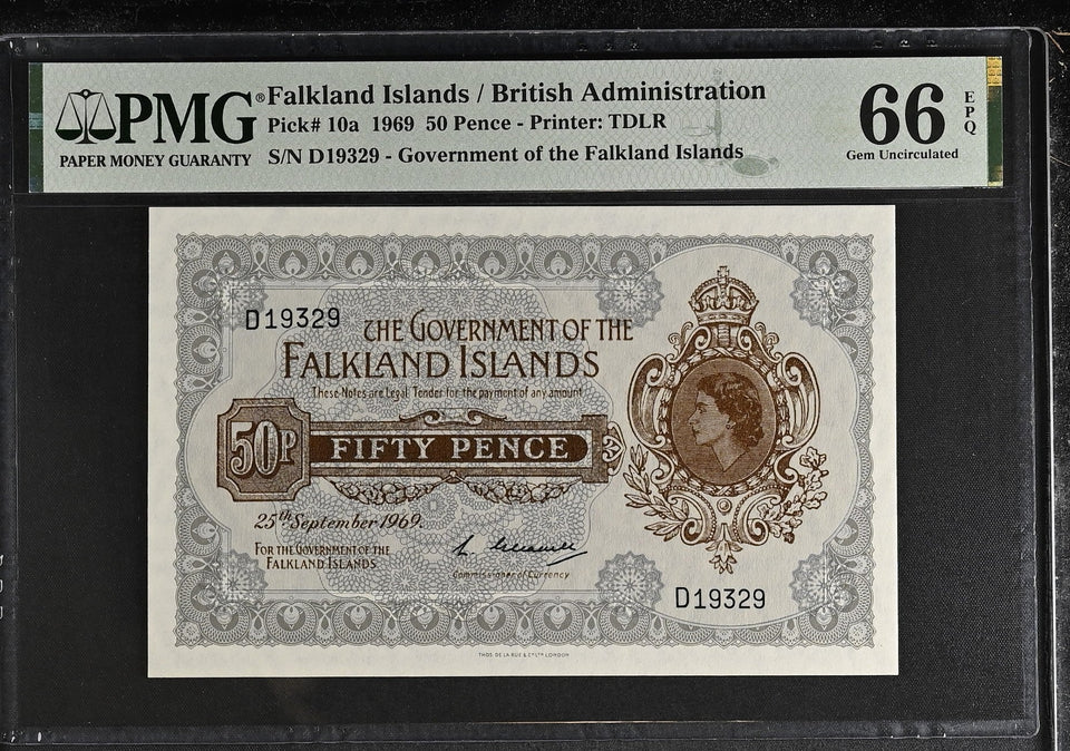 1969 FALKLAND ISLANDS/BRITISH ADMINISTRATION FIFTY PENCE BANKNOTE P10a PMG 66 GEM UNCIRCULATED - PMG CERTIFIED WORLD BANKNOTES - Cambridgeshire Coins