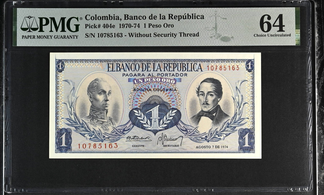 1970 - 74 COLOMBIA ONE PESO ORO BANCO DE REPUBLICA P404e 64 PMG - PMG CERTIFIED WORLD BANKNOTES - Cambridgeshire Coins