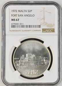 1972 MALTA FORT SAN ANGELO S2P MS 67 - NGC SILVER COINS - Cambridgeshire Coins